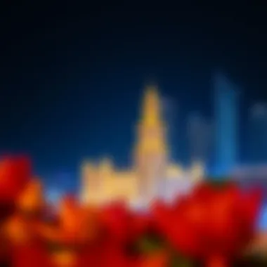 Night view of برج المها illuminated against the Dubai skyline