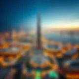 Aerial view of Burj Khalifa towering over Dubai