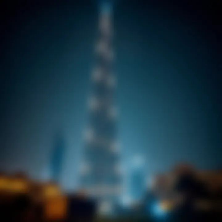 Burj Khalifa Illuminated at Night Night view of Burj Khalifa illuminated against the sky