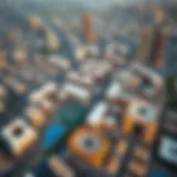 Aerial view of International City, Dubai, showcasing the school locations