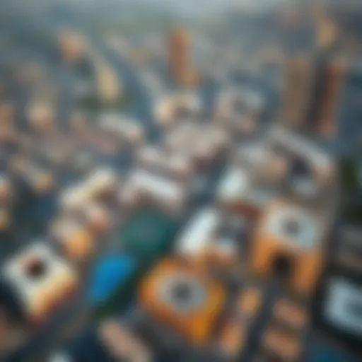 Aerial view of International City, Dubai, showcasing the school locations