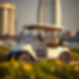 Luxurious golf car parked near a Dubai landmark