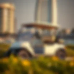 Luxurious golf car parked near a Dubai landmark