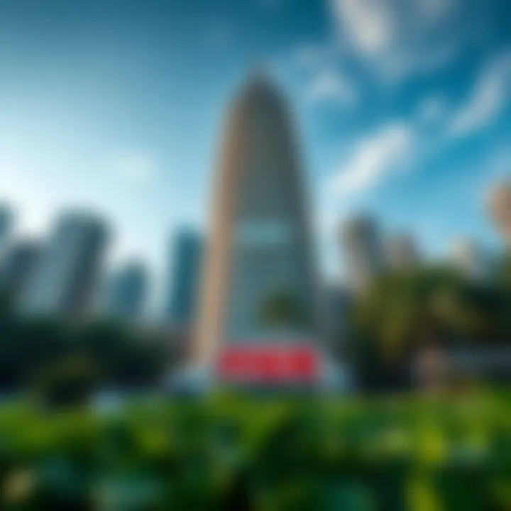 Wide angle shot of Princess Tower highlighting its height and surroundings