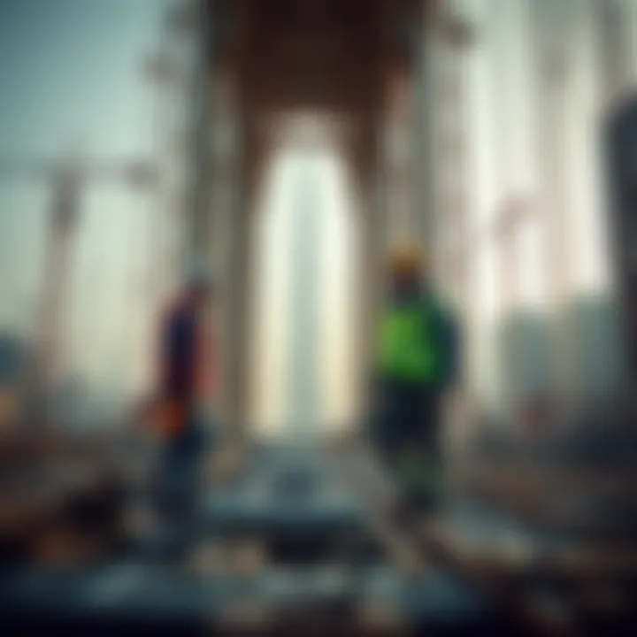Engineering Marvels in Construction Construction workers at the site of the tallest tower in Dubai illustrating engineering challenges