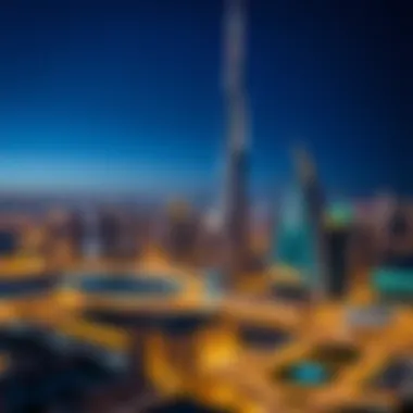 Illuminated Skyline with the Tower at Night Night view of the tallest tower in Dubai illuminated against the city skyline