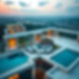 Aerial view showcasing the Two Tower Three Floor Plan architecture