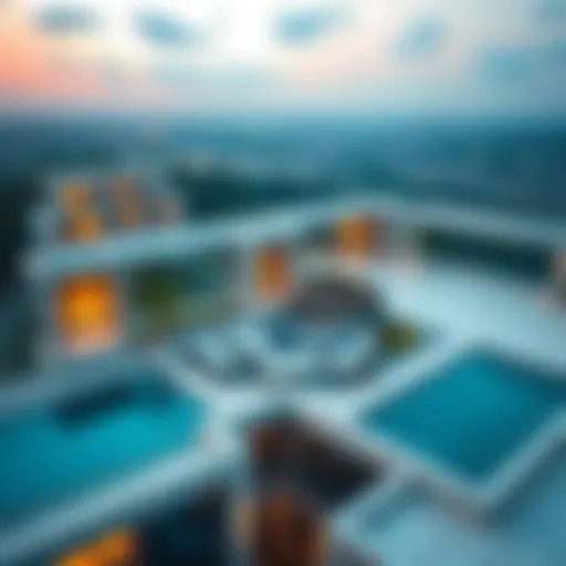 Aerial view showcasing the Two Tower Three Floor Plan architecture