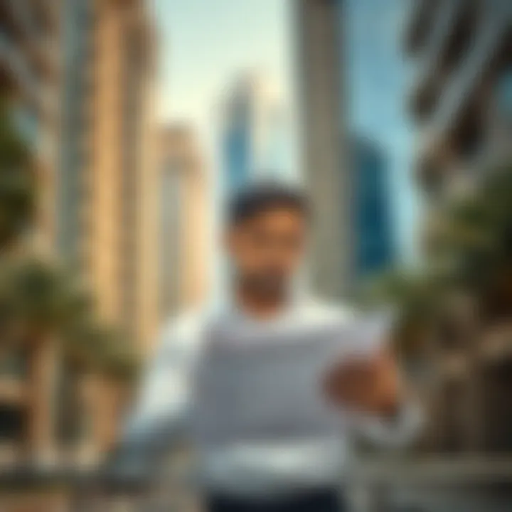 An investor analyzing property documents amidst Dubai architecture