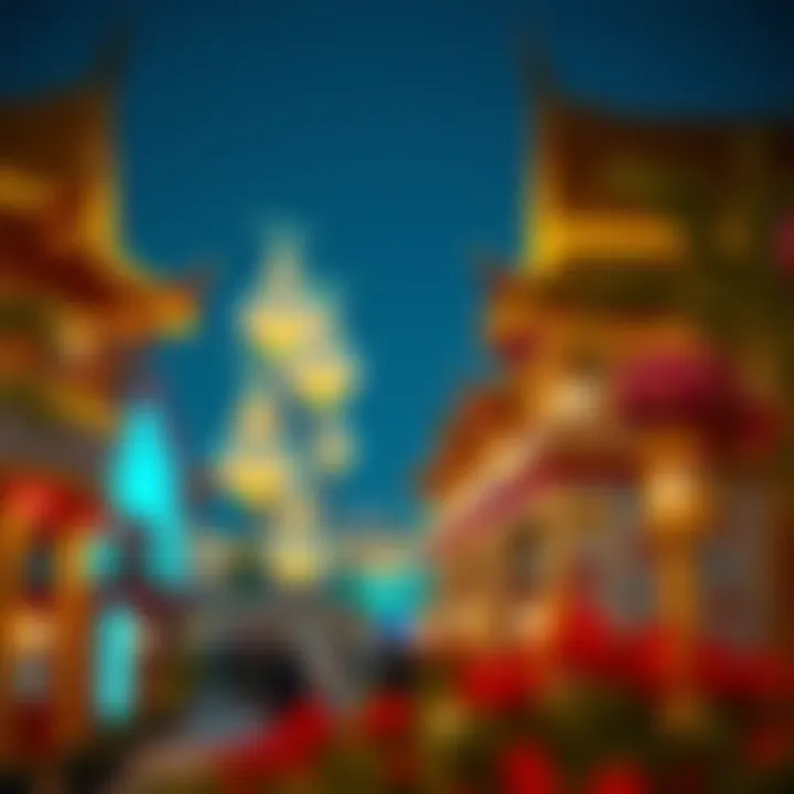 A vibrant scene showcasing the cultural pavilions at Global Village