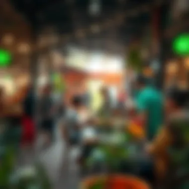 A vibrant community space within a workers' village illustrating social interaction.